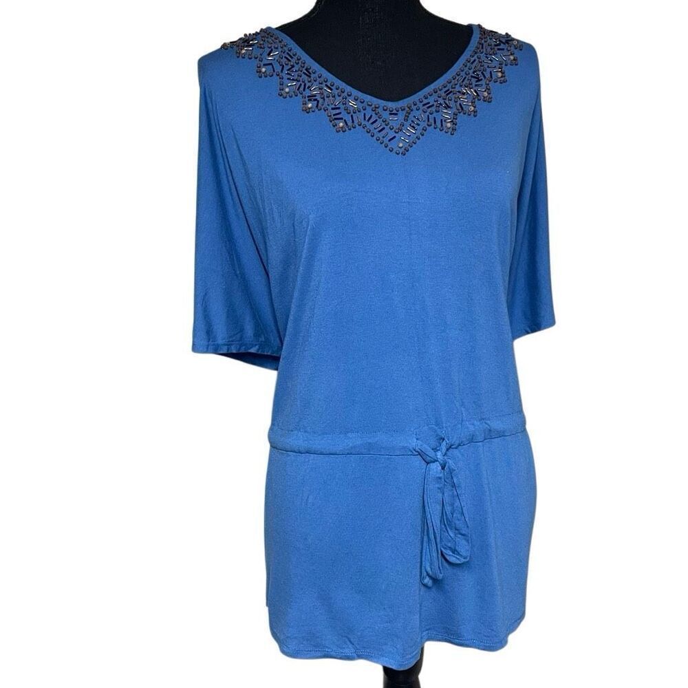 Coldwater Creek Blue Dolman Sleeve Beaded Tunic Top